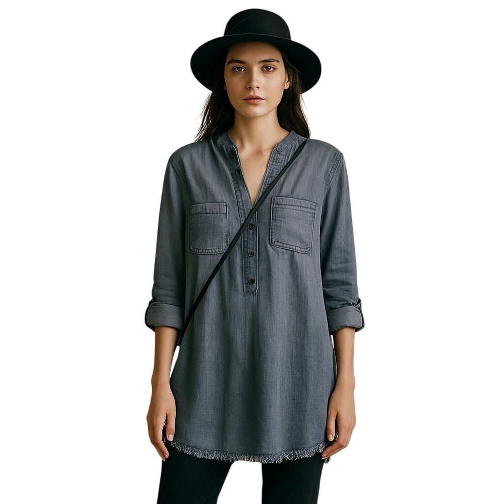 Cloth & Stone Gray Denim Tunic Top Frayed Hem Button‎ Front XS Boho Grunge Boho